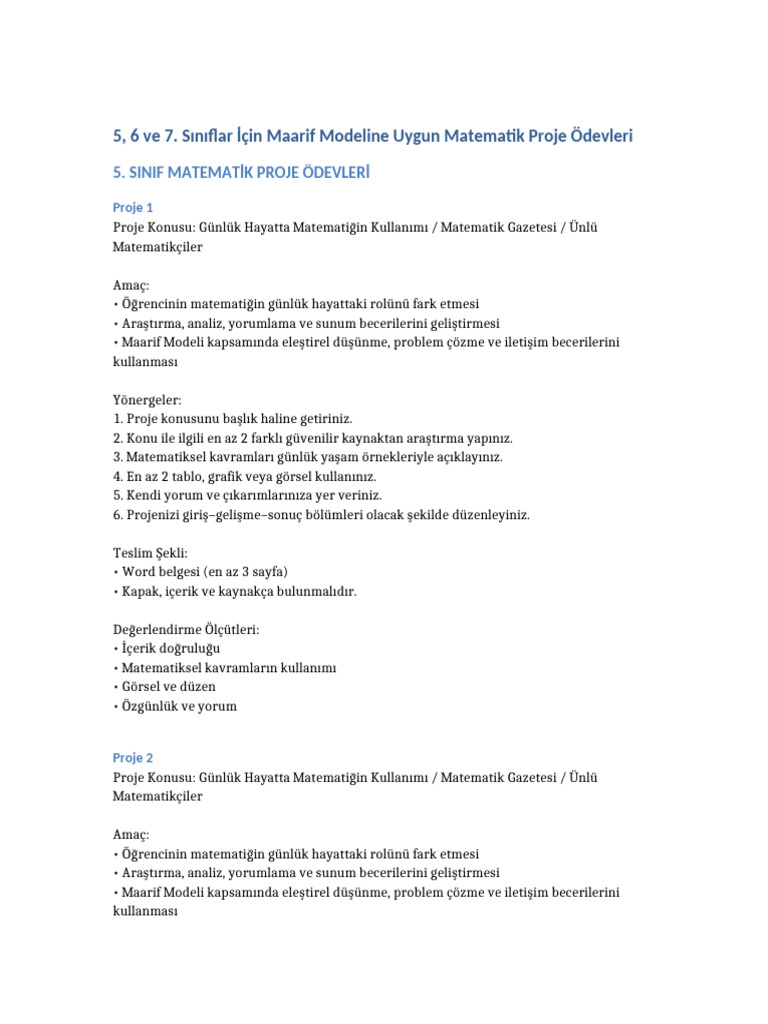 Maarif Modeli Matematik Proje Odevleri | PDF