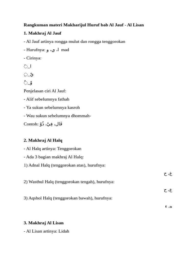Makharijul Huruf: Al Jauf, Halq, Lisan | PDF