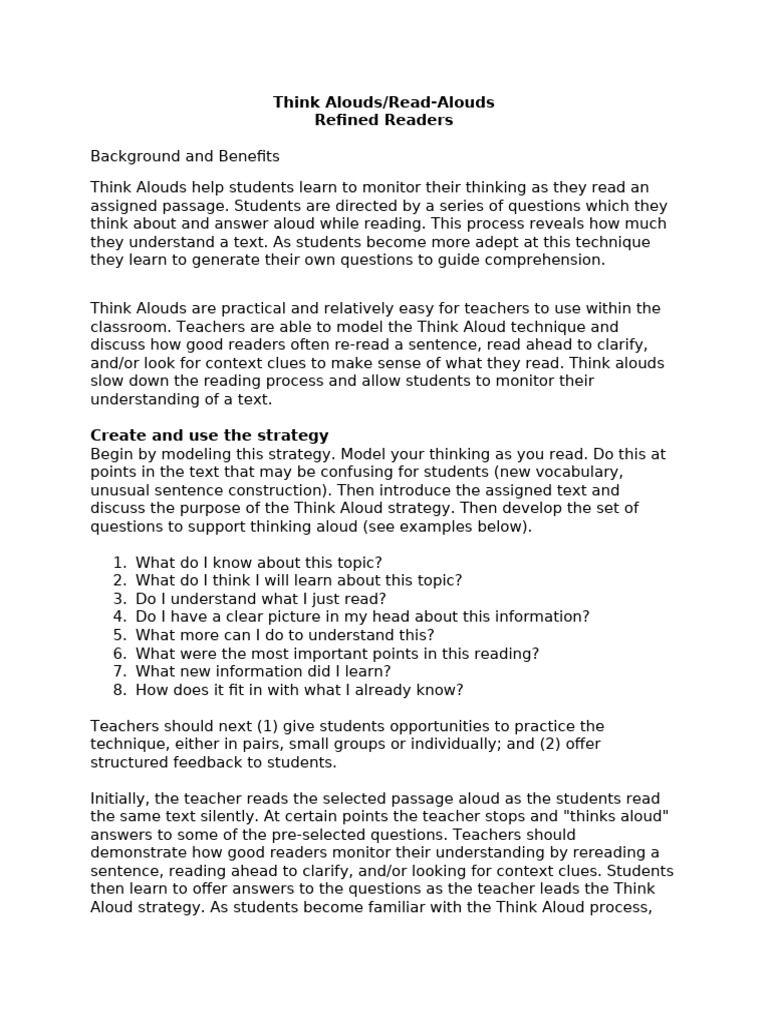 Think Alouds For Refined Readers1 | PDF | Reading Comprehension ...
