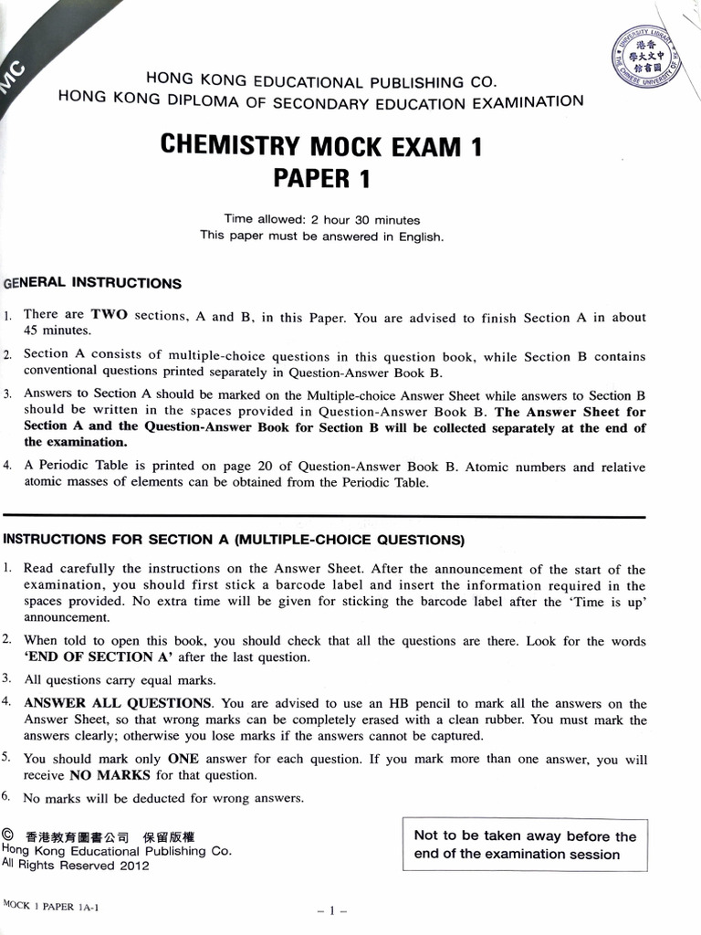 HKDSE Chemistry Mock Exam Paper 1 | PDF | Chemical Reactions | Catalysis