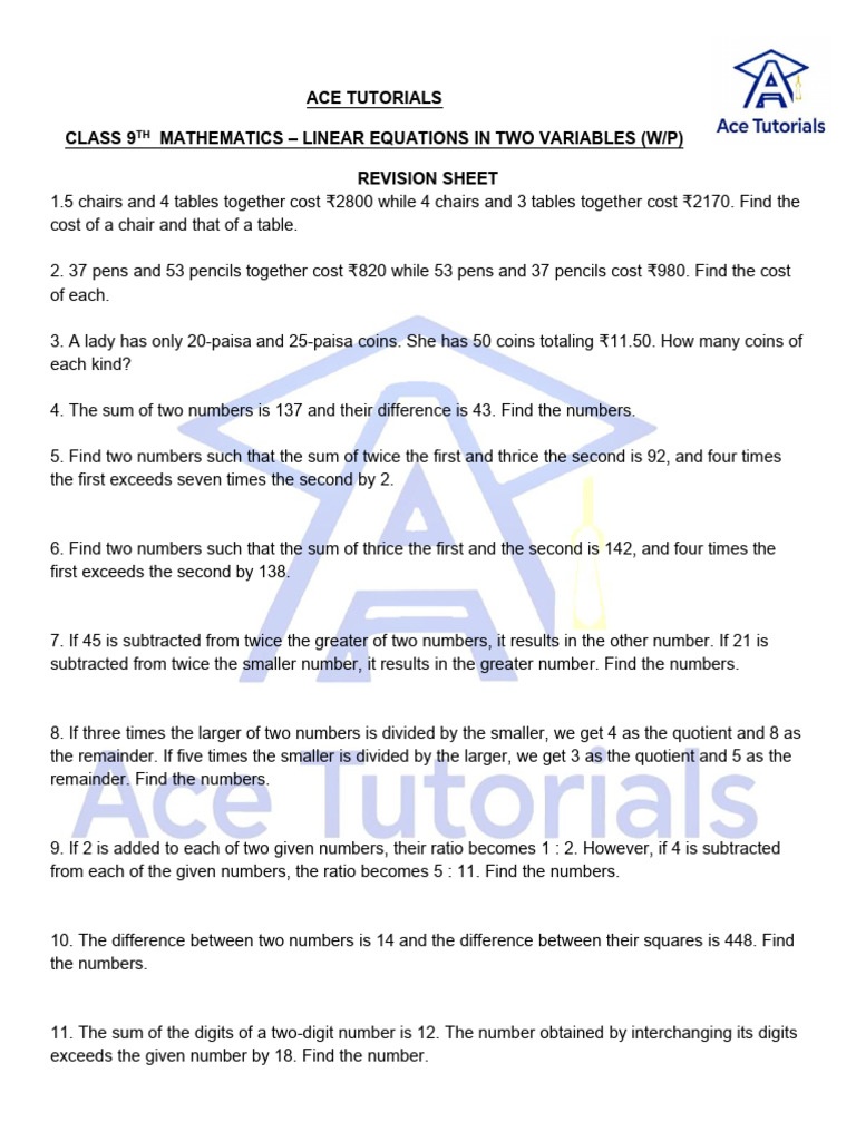 Class 9 Math: Linear Equations Guide | PDF | Algebra | Mathematical ...