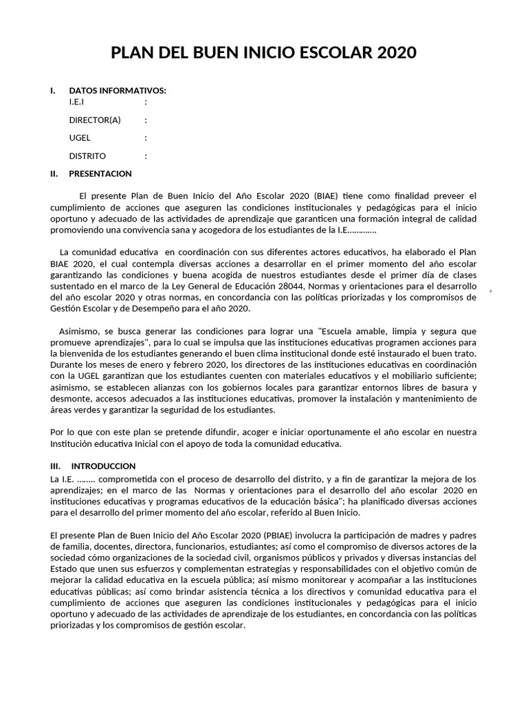 Plan de Buen Inicio Escolar 2020 | PDF | Educación primaria | Escuelas