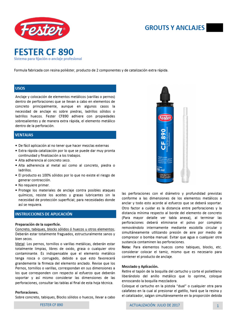 Anclaje Rápido Fester CF 890: Guía Técnica | PDF | Hormigón | Ladrillo