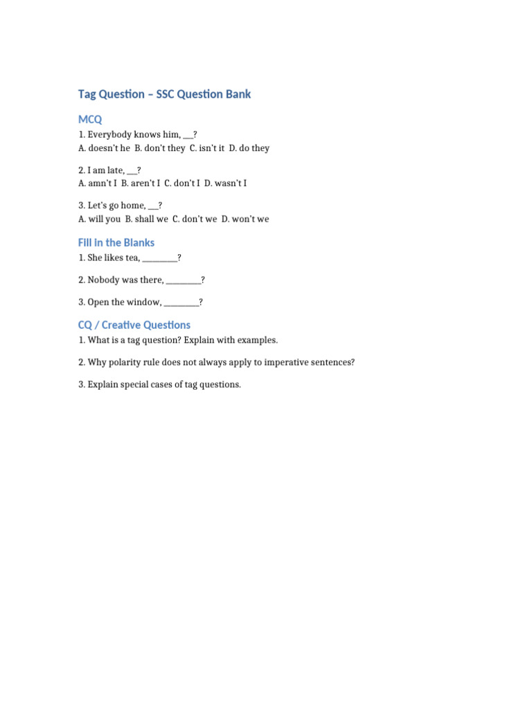 Tag Question SSC Question Bank | PDF
