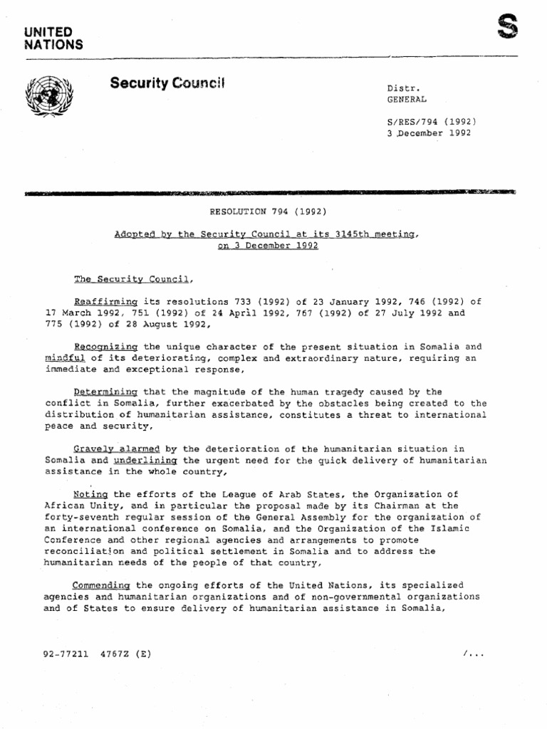 s Res 794(1992)-En Somalia | PDF | Humanitarian Aid | International ...
