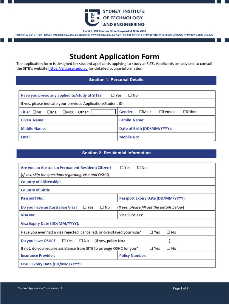 SITE Student Application Form | PDF | Fee | Travel Visa