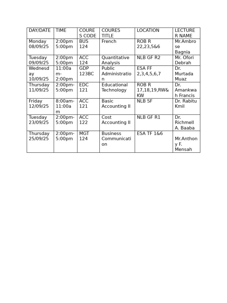 Course Schedule for September 2025 | PDF