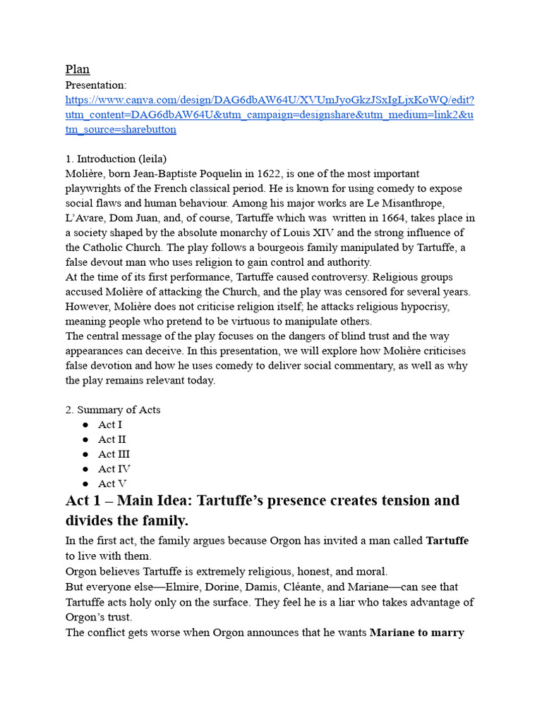 chapter summary of tartuffe | PDF | Molière | Faith