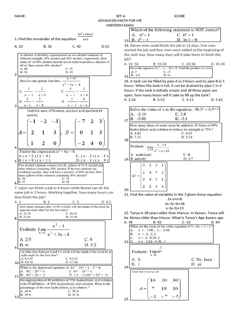 Advance Math Midterm Exam Set A | PDF | Chess | Chess Theory