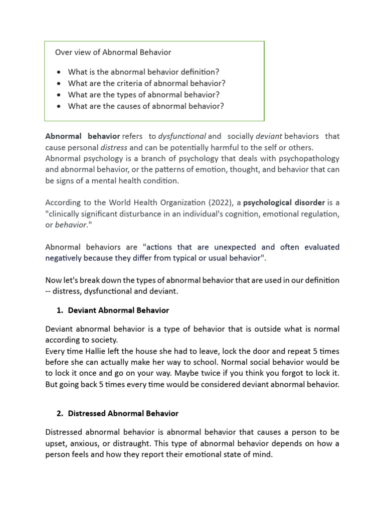 Understanding Abnormal Behavior Types | PDF | Mental Disorder | Psychology