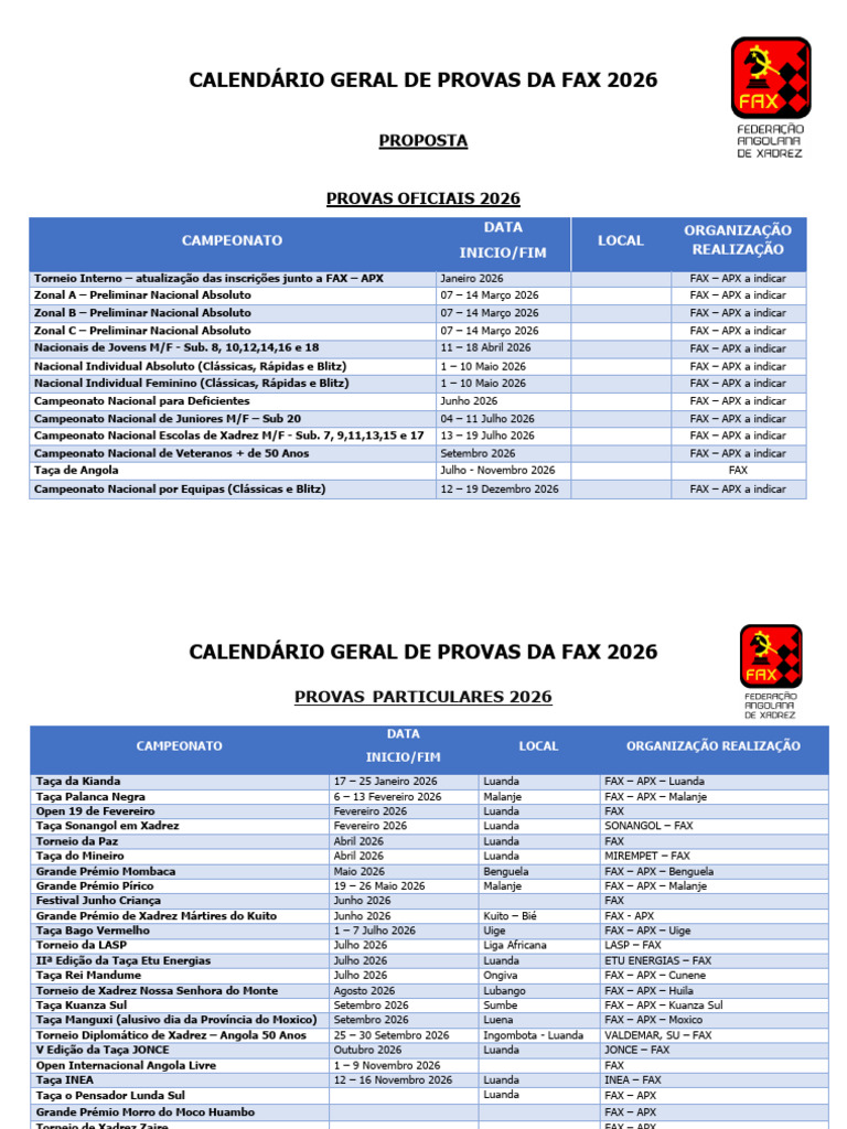 Calendário de Provas FAX 2026 | PDF | Angola | Xadrez