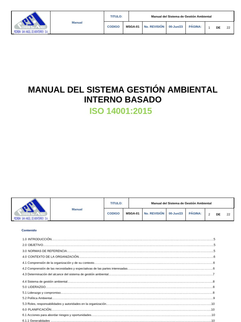 Manual de Gestión Ambiental ISO 14001 | PDF | Evaluación del ciclo de ...