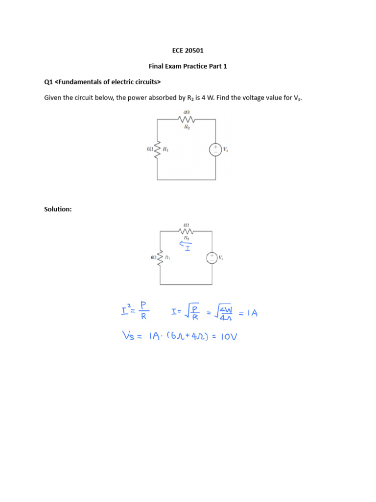 ECE 20501 Final Exam Practice Solutions | PDF | Electrical Network ...