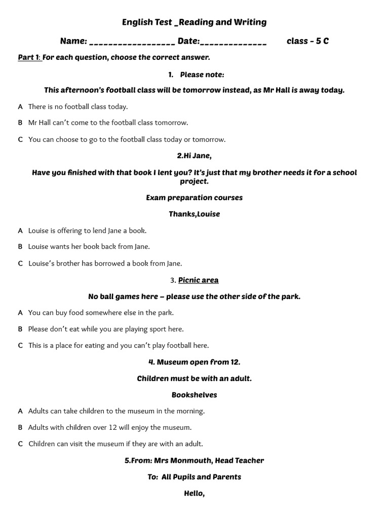 English Reading and Writing Test for Grade 5 | PDF