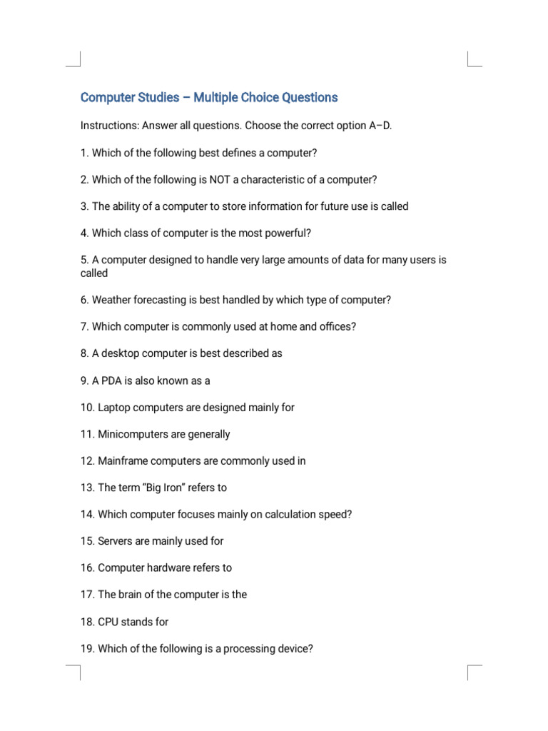 Computer Studies MCQ Practice Test | PDF