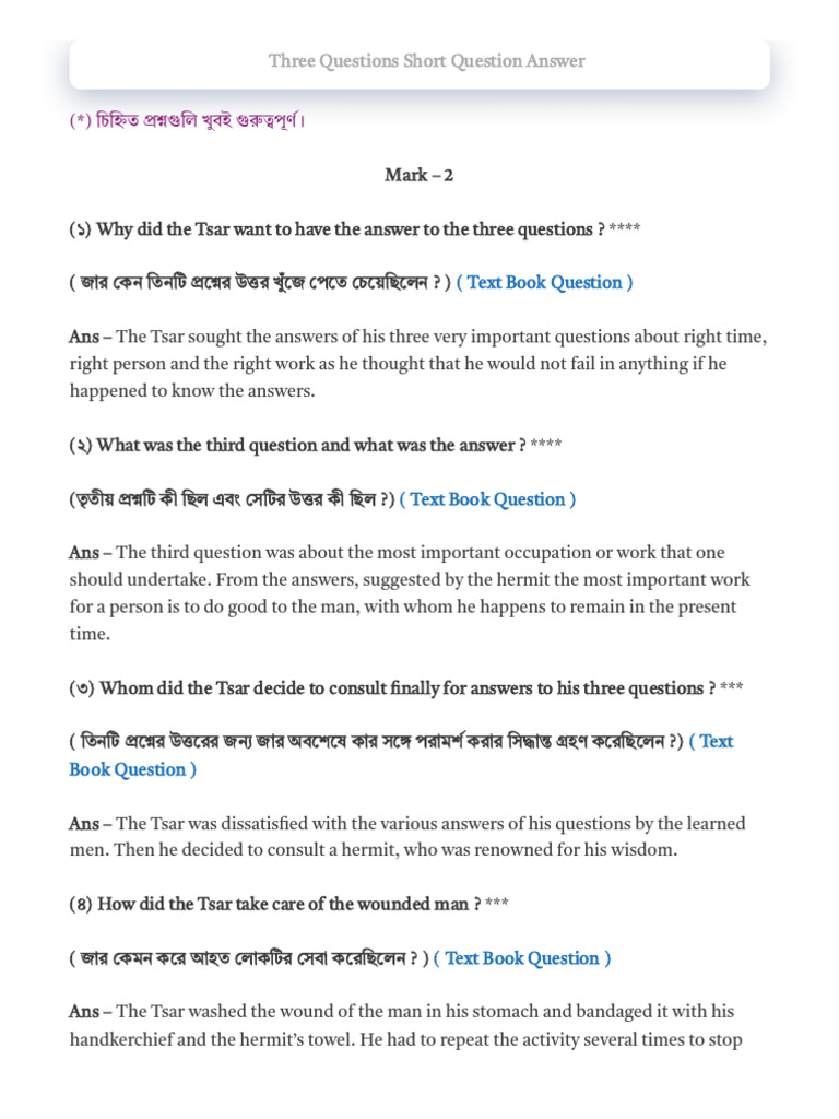 Tsar's Three Questions Explained | PDF