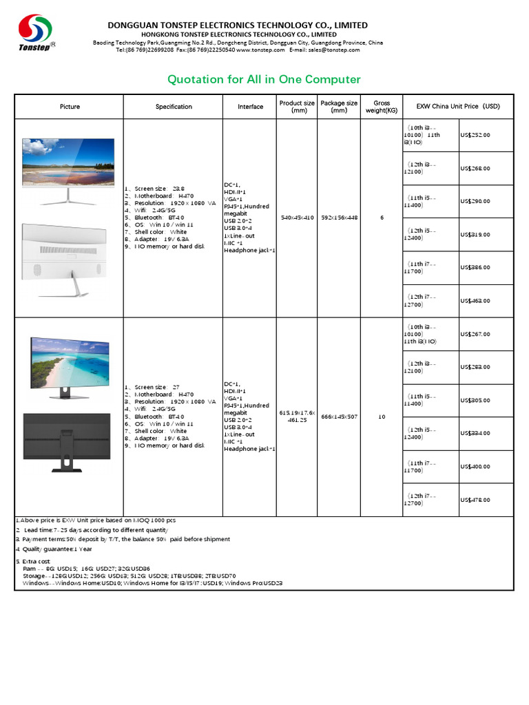 Quotation For All in One Computer - Tonstep 2024 | PDF