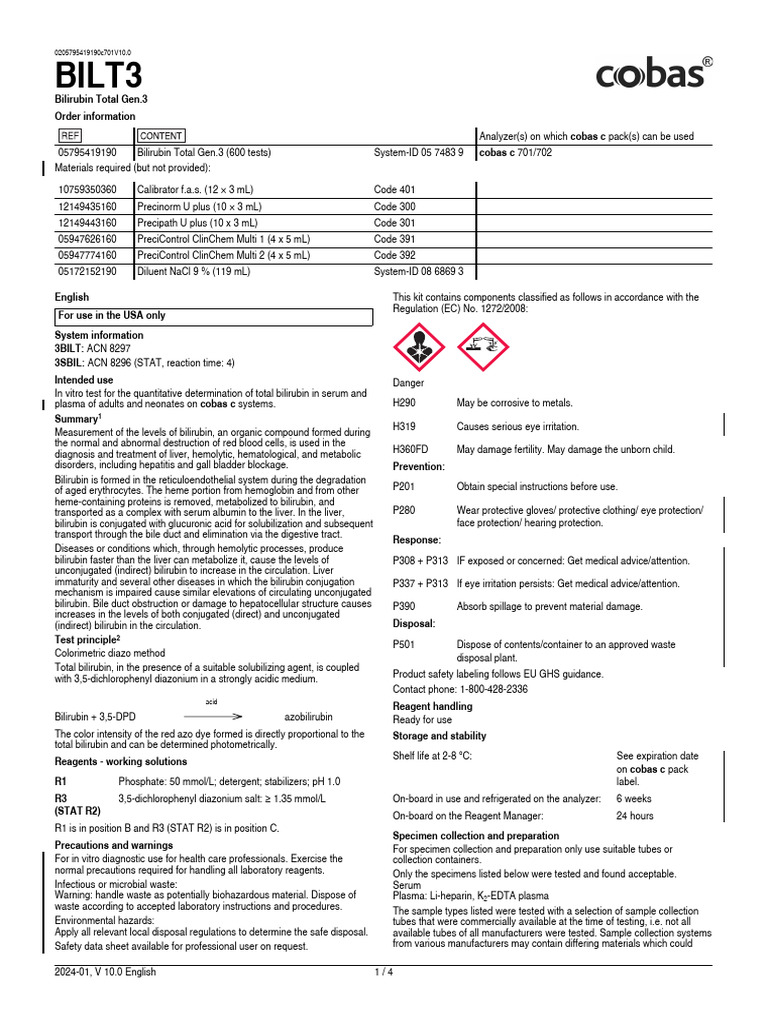 Bilirubin Total Gen.3 Testing Guide | PDF | Detection Limit | Medical ...