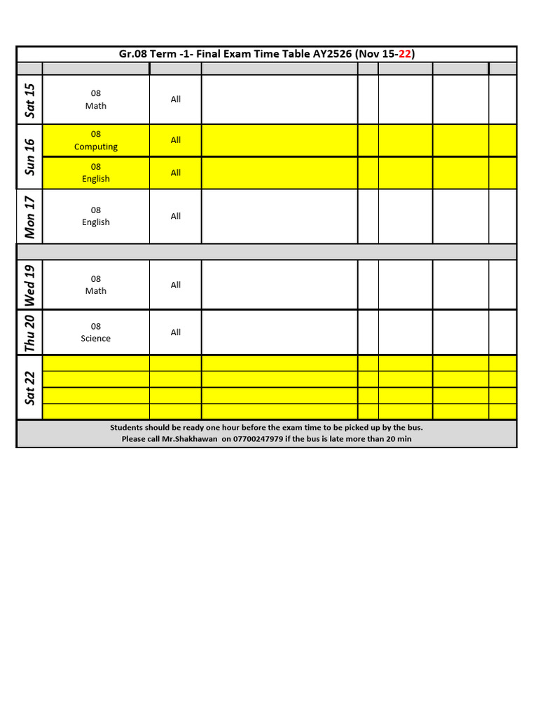 Grade 8 Term 1 Exam Schedule 2025 | PDF