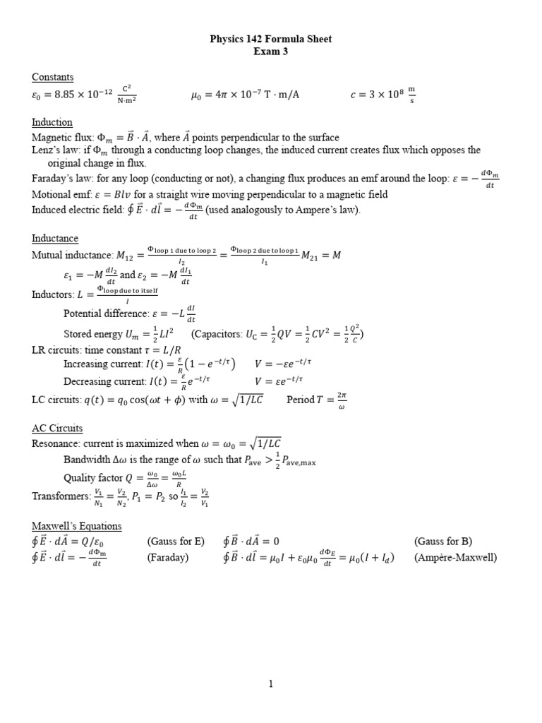 Exam 3 Formula Sheet | PDF | Inductance | Electromagnetic Induction
