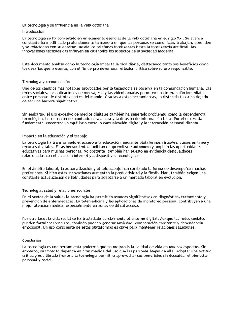 La Tecnología y Su Influencia en La Vida Cotidiana | PDF