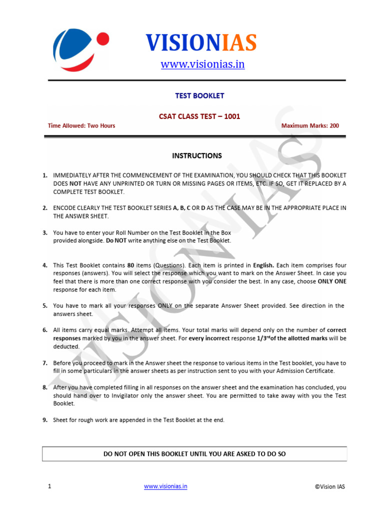 CSAT Class Test 1001 Instructions & Questions | PDF | Speed | Prime Number