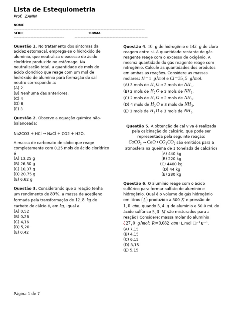Questões de Estequiometria e Reações Químicas | PDF | Mol (unidade ...