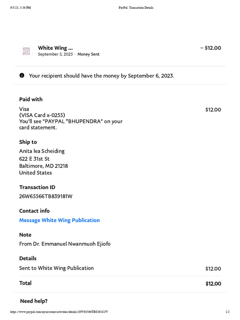 PayPal Transaction Details for $12 Payment | PDF
