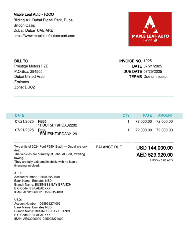 Invoice for 2024 Ford F550 in Dubai | PDF