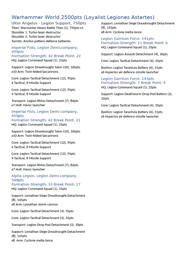 Warhammer 2500pts Loyalist Astartes List | PDF | Artillery Battery ...