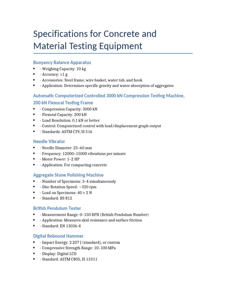 Concrete Testing Equipment Specifications | PDF | Concrete | Mechanical ...