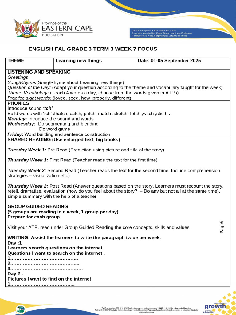 Grade 3 English FAL Week 7 Plan | PDF