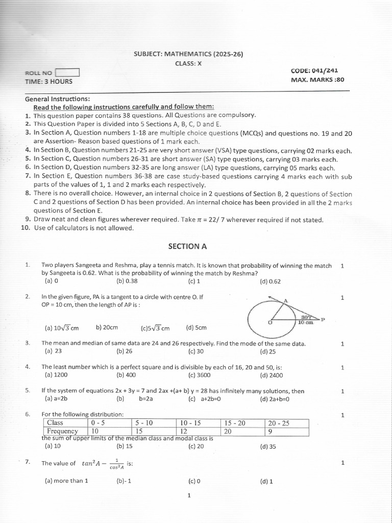 QP Maths X 2025 26 | PDF