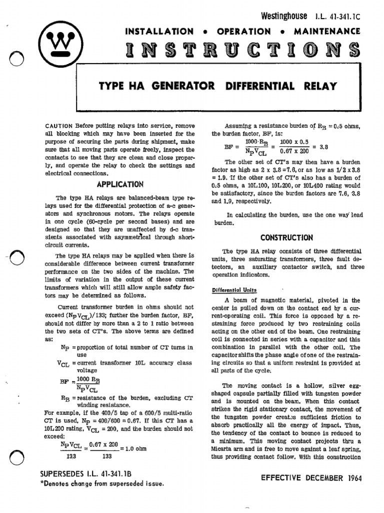 i.l. 41 341.1c Type Ha Generator Differential Relay (1) | PDF | Relay ...