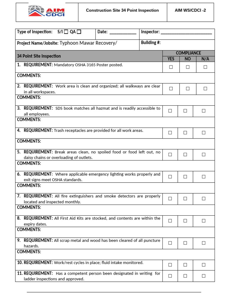 Construction Site 34 Point Inspection Checklist Template | PDF | Safety ...