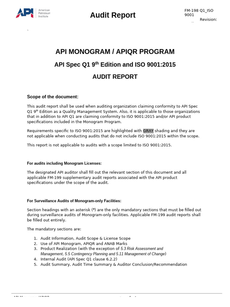 API Q1 & ISO 9001:2015 Audit Report | PDF | Audit | Quality Management ...