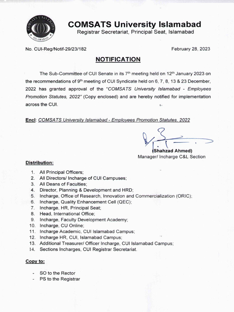 COMSATS University Employee Promotion Statutes | PDF | Accountant