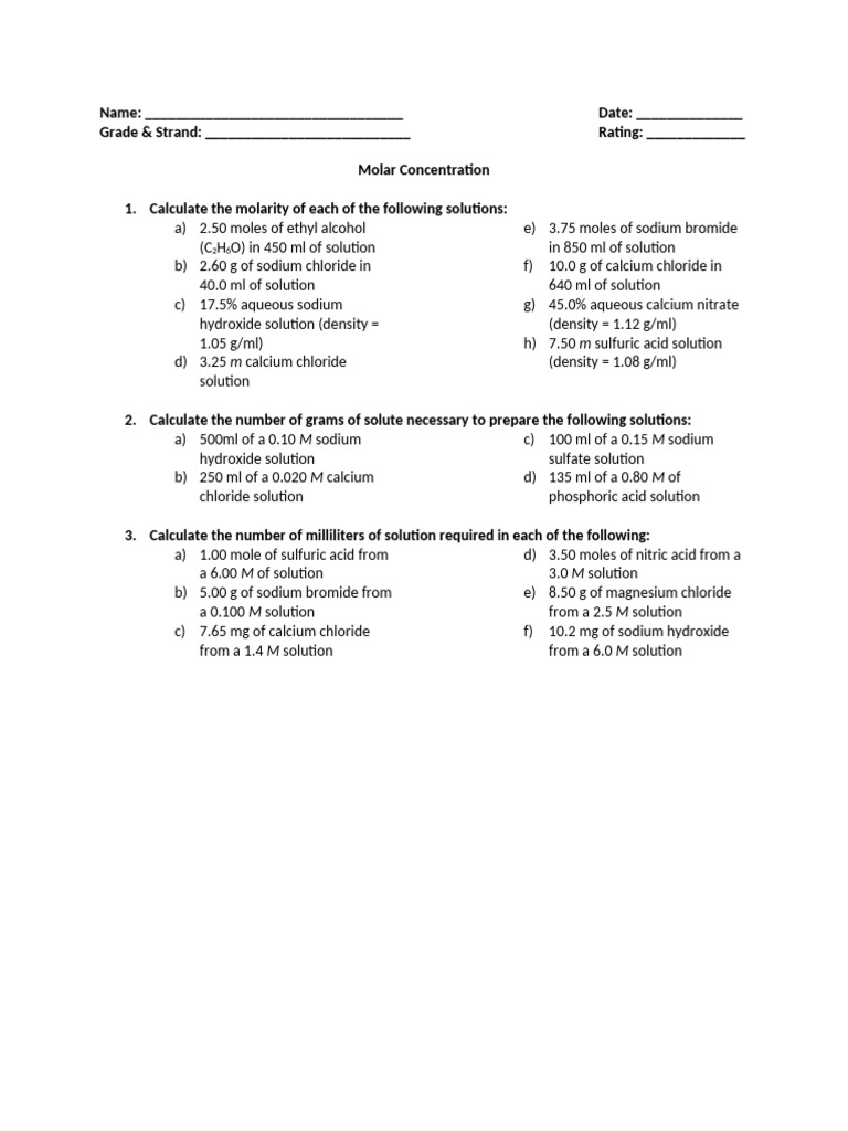 Molarity Calculations and Solutions Guide | PDF
