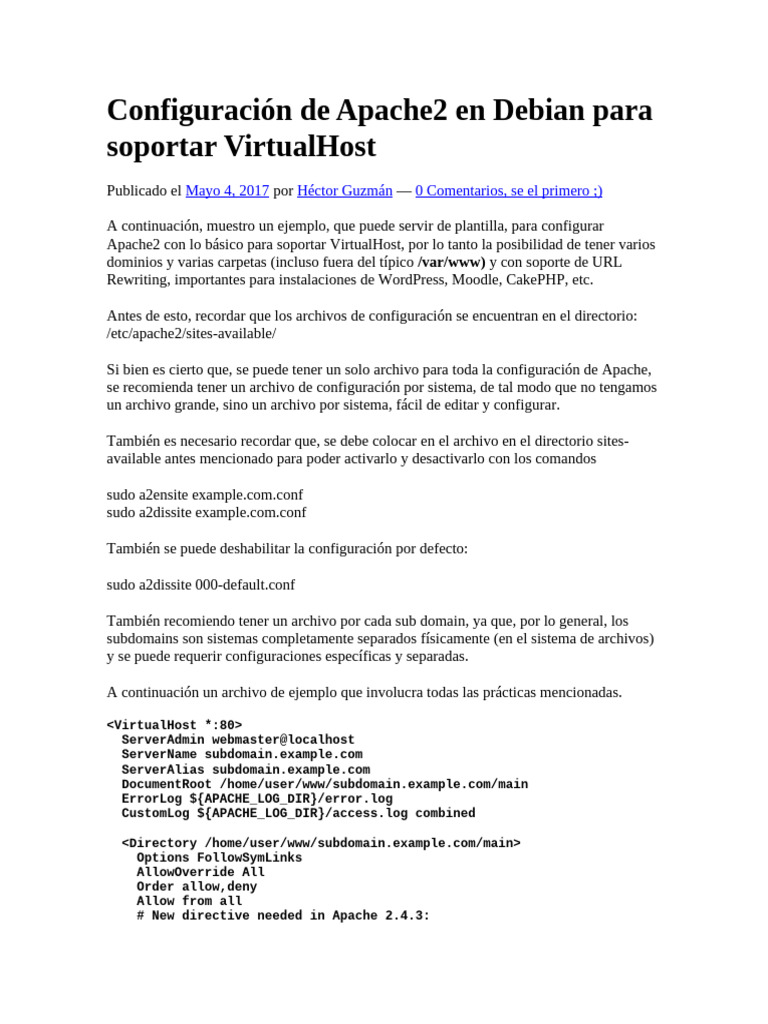 Configurar VirtualHost en Apache2 Debian | PDF