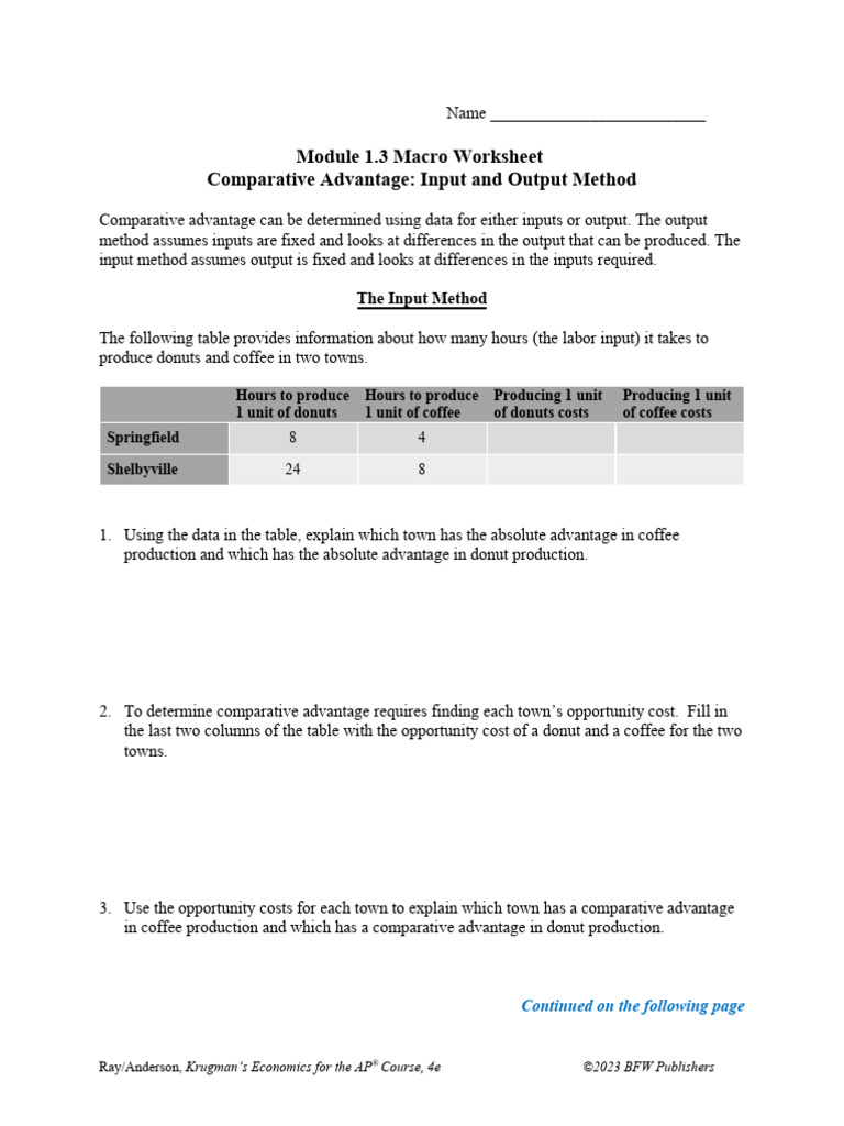 Comparative Advantage Macro Worksheet | PDF | Comparative Advantage ...