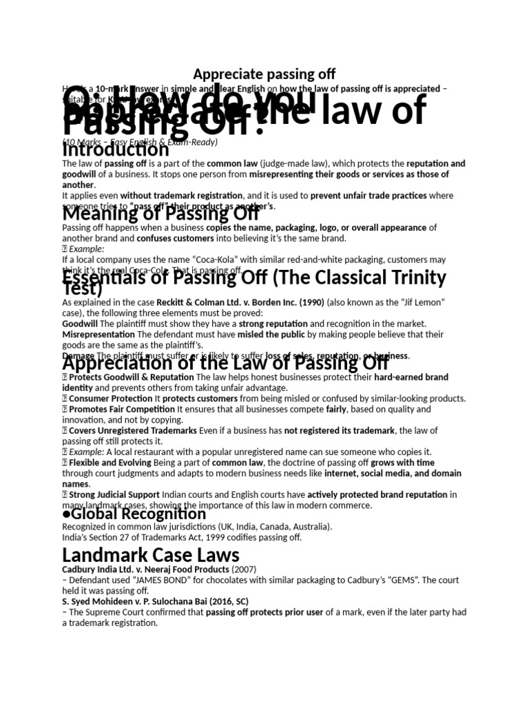 Understanding the Law of Passing Off | PDF | Trademark | Civil Law ...