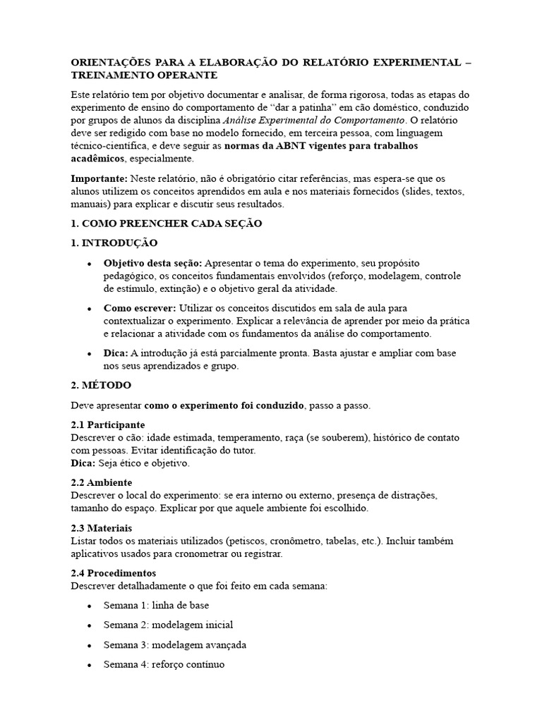 MODELO de RELAT RIO - Treinamento Operante | PDF | Comportamento | Reforço