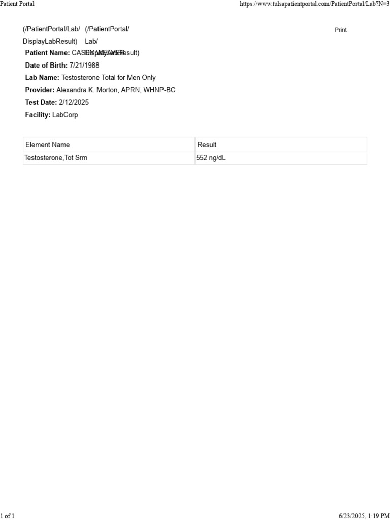 Testosterone Lab Result for Casey Weaver | PDF