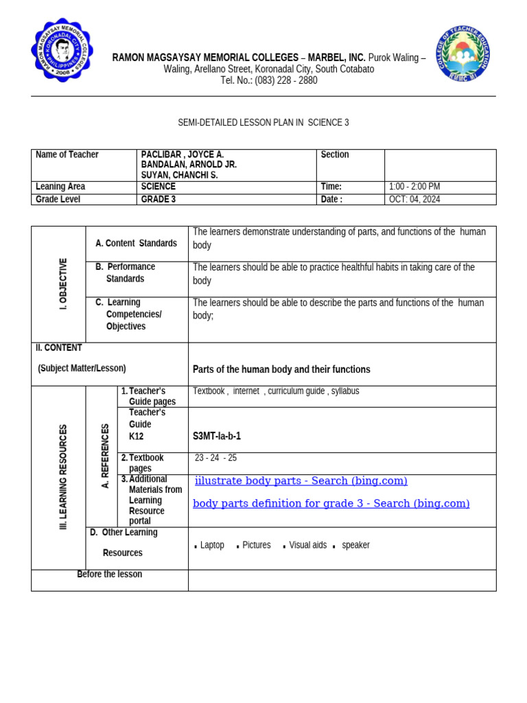 Grade 3 Science Lesson Plan: Human Body | PDF | Lesson Plan | Learning