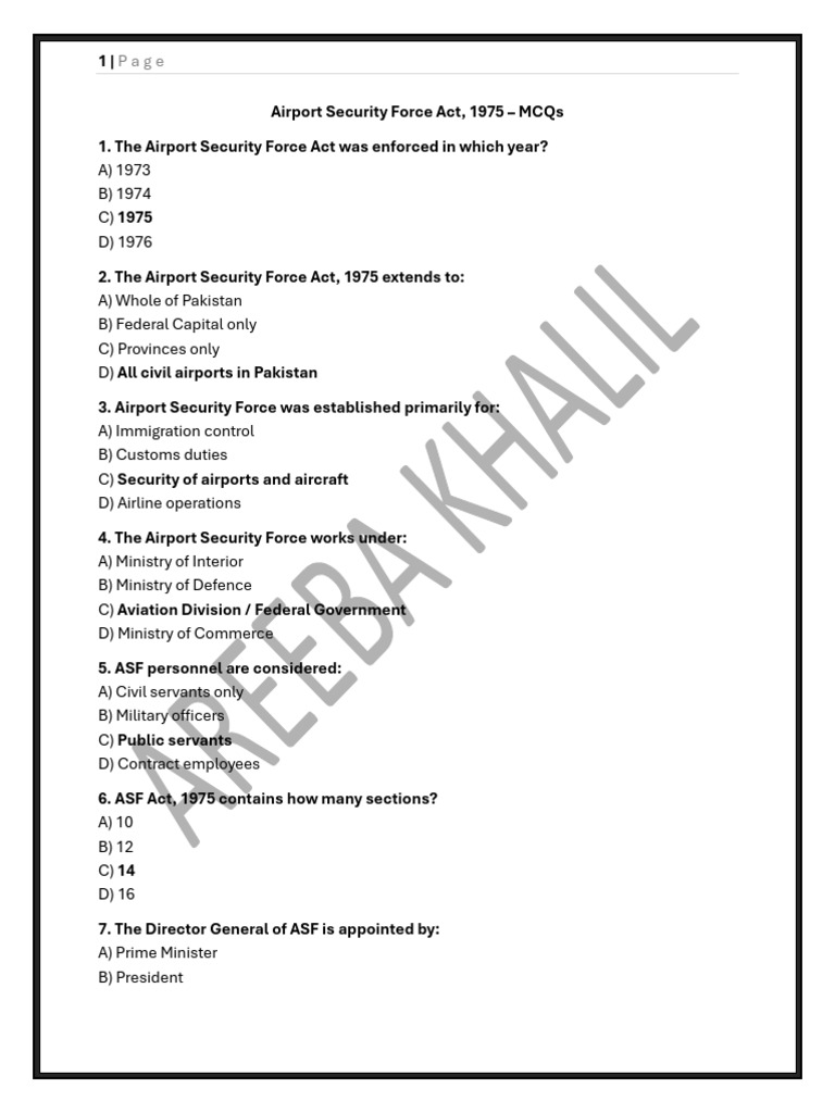 Airport Security Force Act MCQs | PDF | Airport Security | Aircraft ...