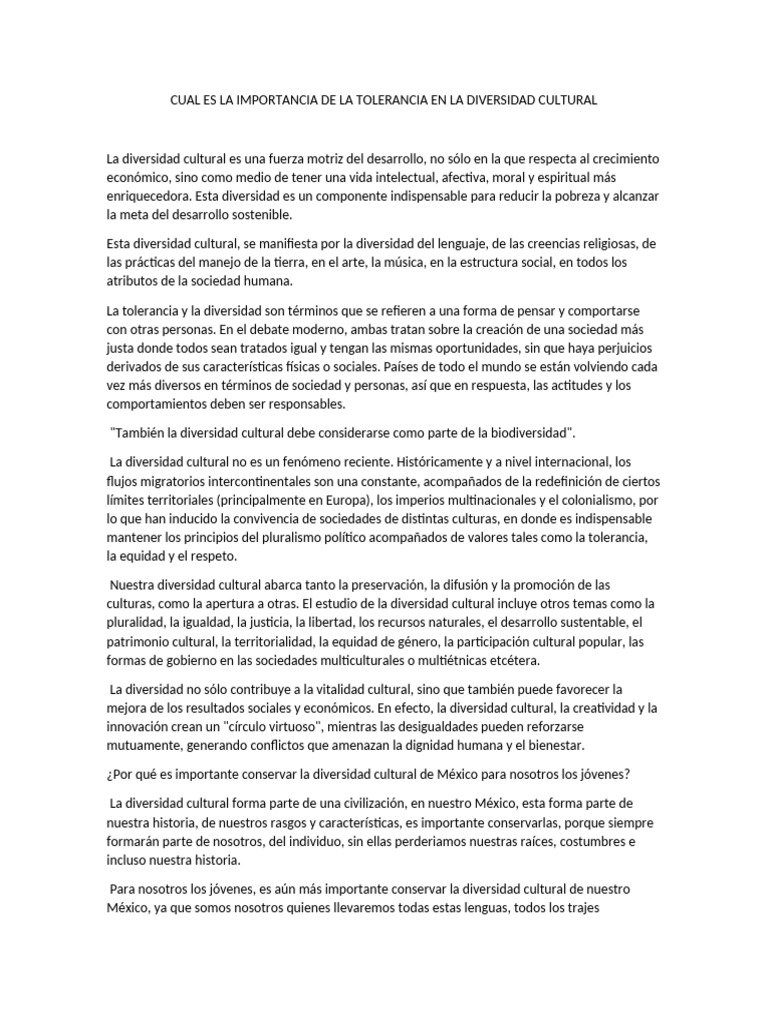 Cual Es La Importancia de La Tolerancia en La Diversidad Cultural | PDF ...