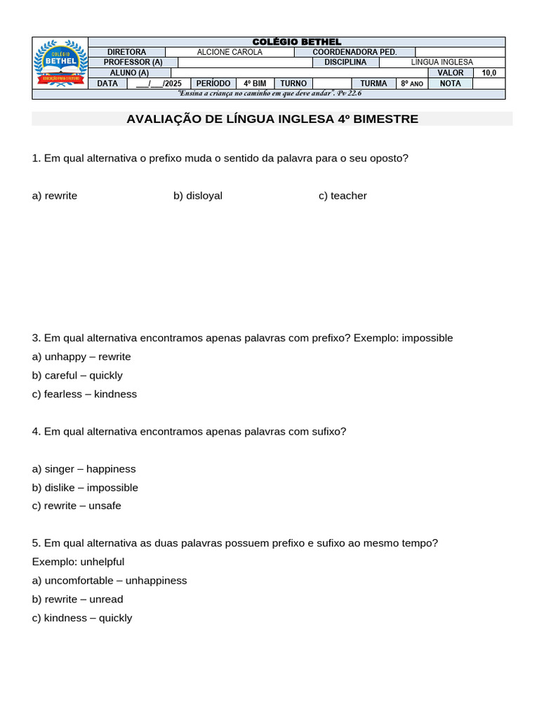 8⁰ ANO RECUPERAÇÃO PROVA DE INGLÊS DO 4º BIMESTRE | PDF