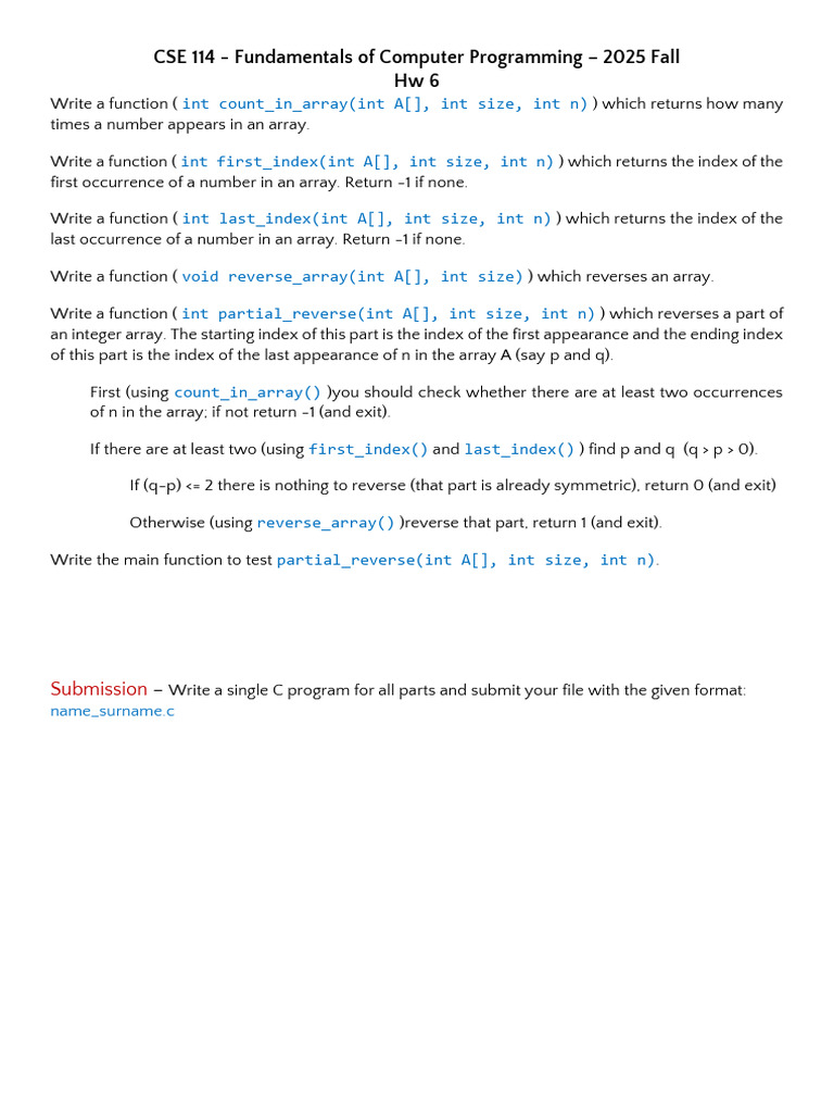 C Programming Array Functions Assignment | PDF