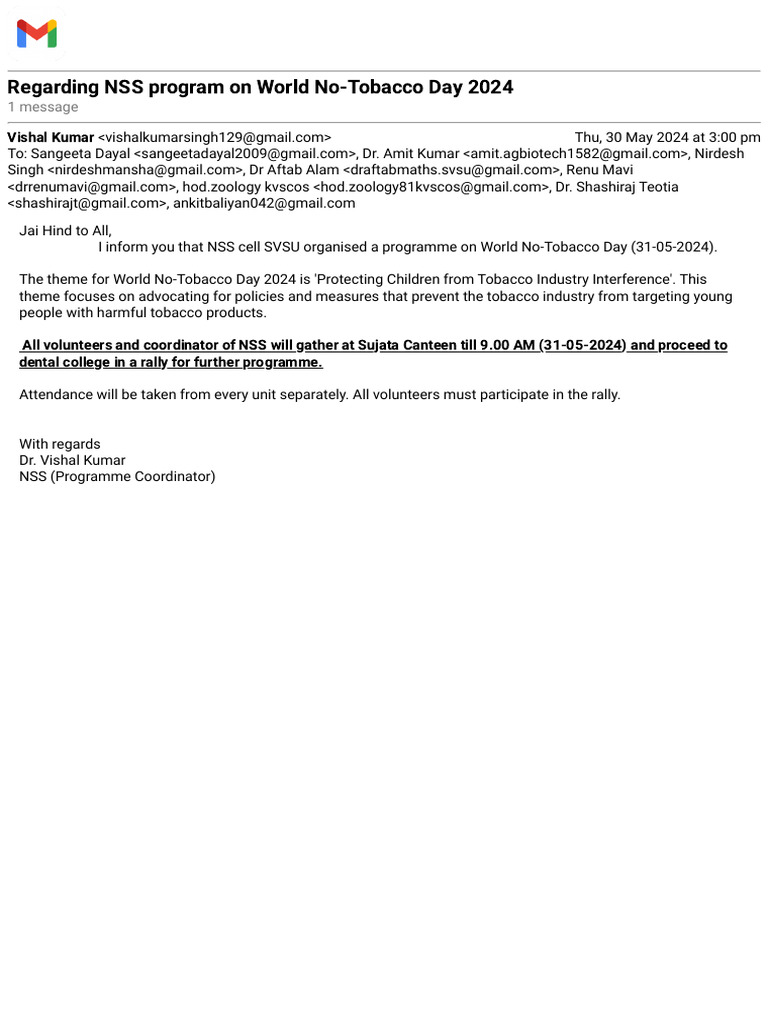 NSS Program for World No-Tobacco Day 2024 | PDF
