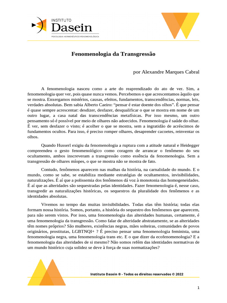Fenomenologia e Transgressão: Olhares Novos | PDF | Fenomenologia ...
